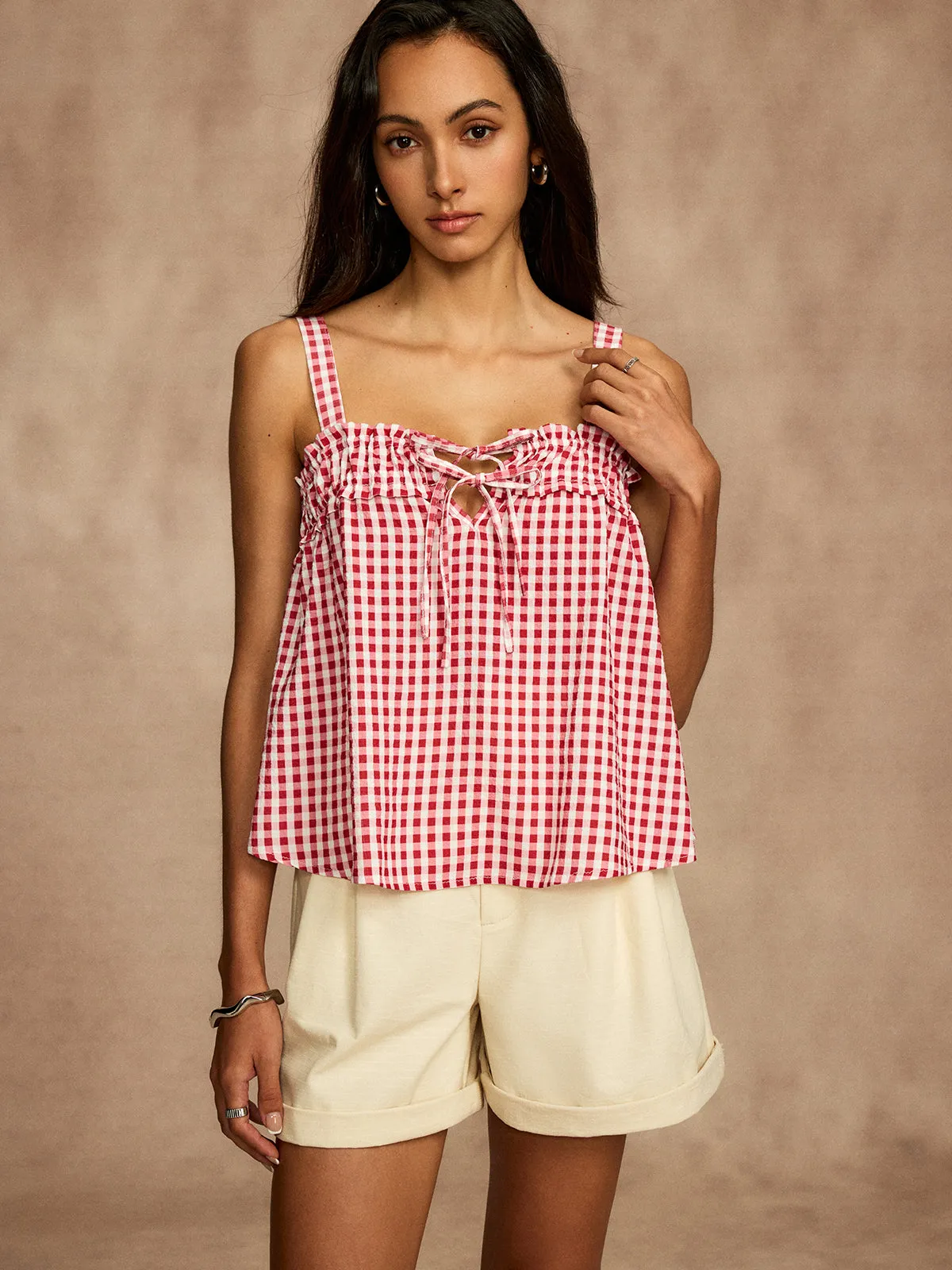 Plaid Shirred Lace Up Blouse sold by COMMENSE product image thumbnail 3