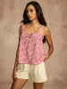 Plaid Shirred Lace Up Blouse sold by COMMENSE