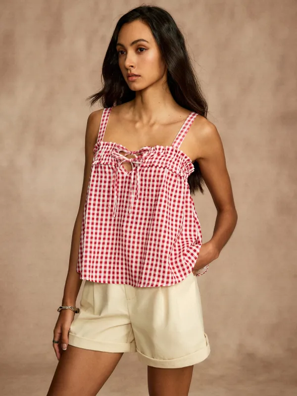 Plaid Shirred Lace Up Blouse sold by COMMENSE