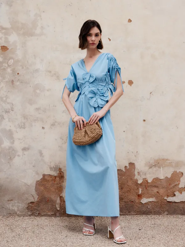 Flower Drawstring V-Neck Long Dress sold by COMMENSE