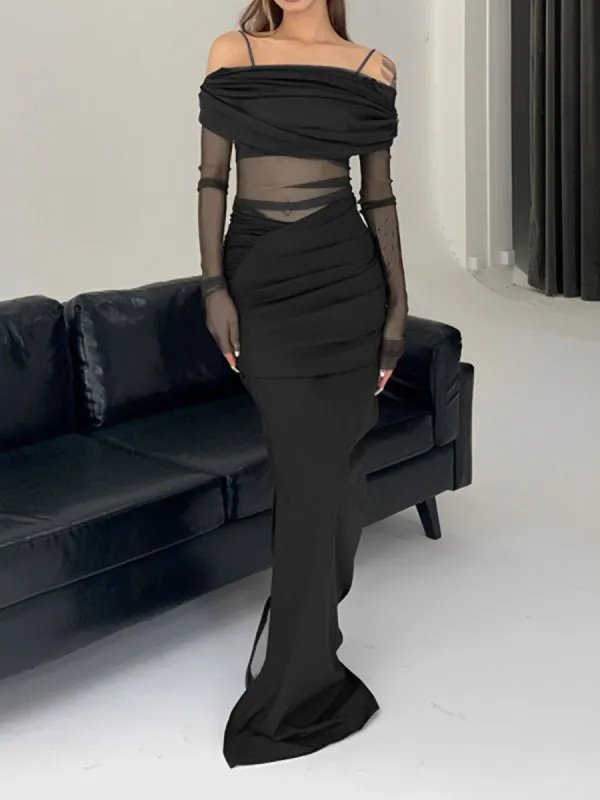 Overfold Off-Shoulder Mesh Long Sleeve Two Piece Skirt Set sold by COMMENSE