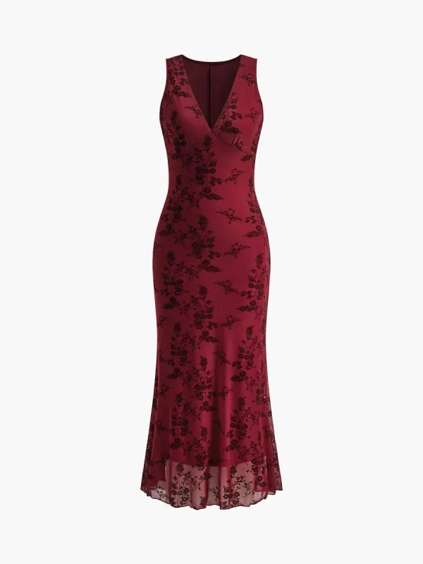 Printed Mesh Sleeveless V-Neck Long Dress sold by COMMENSE