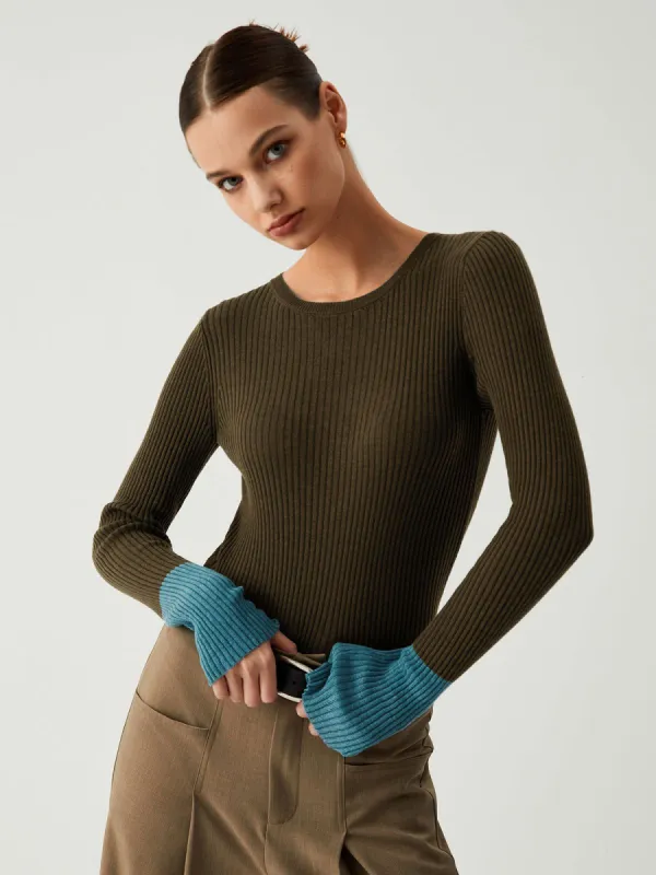 Contrast Sleeve Hem Long Sleeve Knit Top sold by COMMENSE