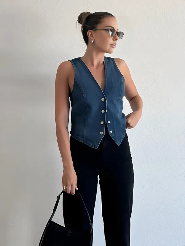 Denim Metal Button Waistcoat sold by COMMENSE