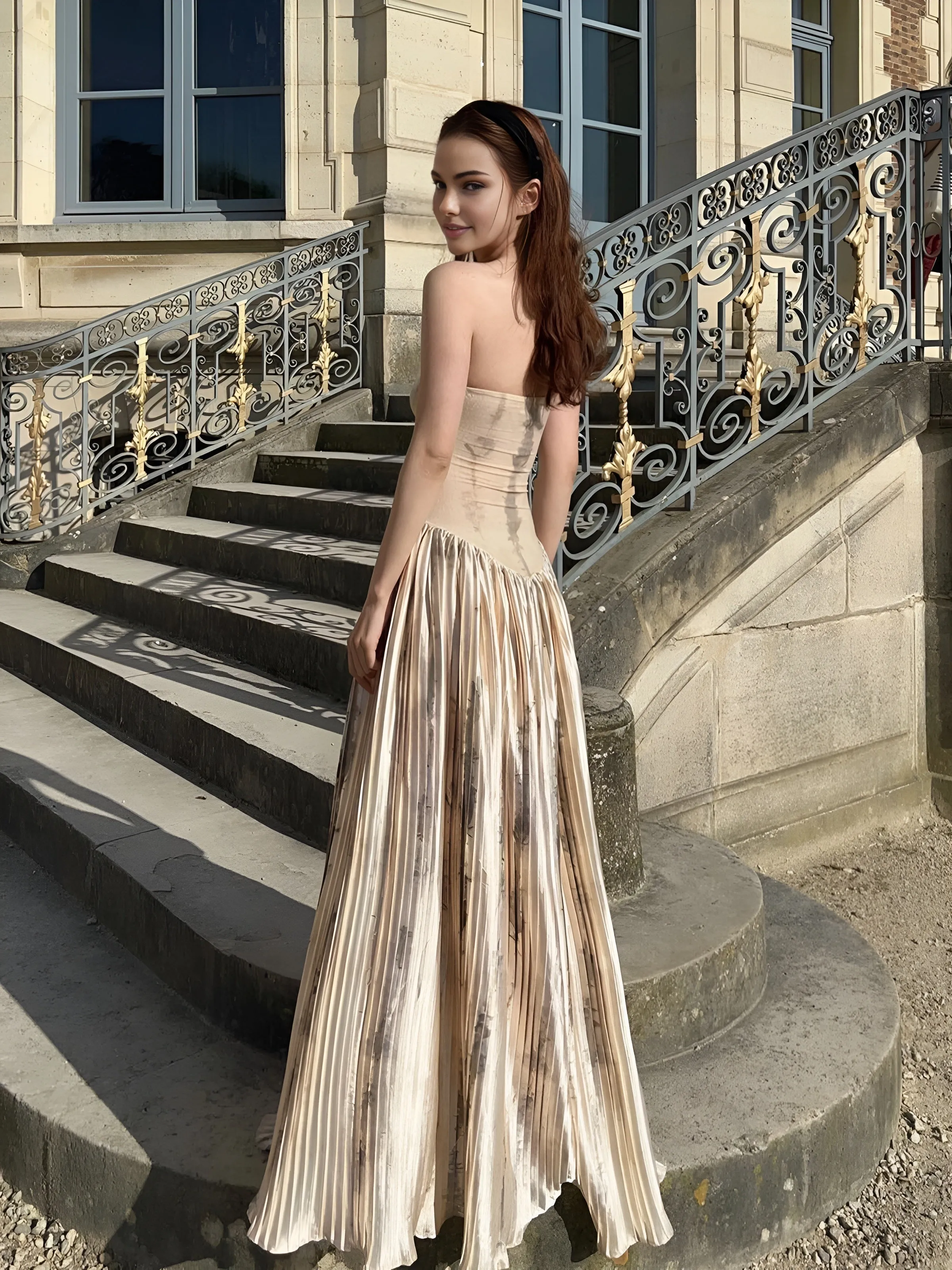 Floral Patchwork Pleated Long Dress sold by COMMENSE