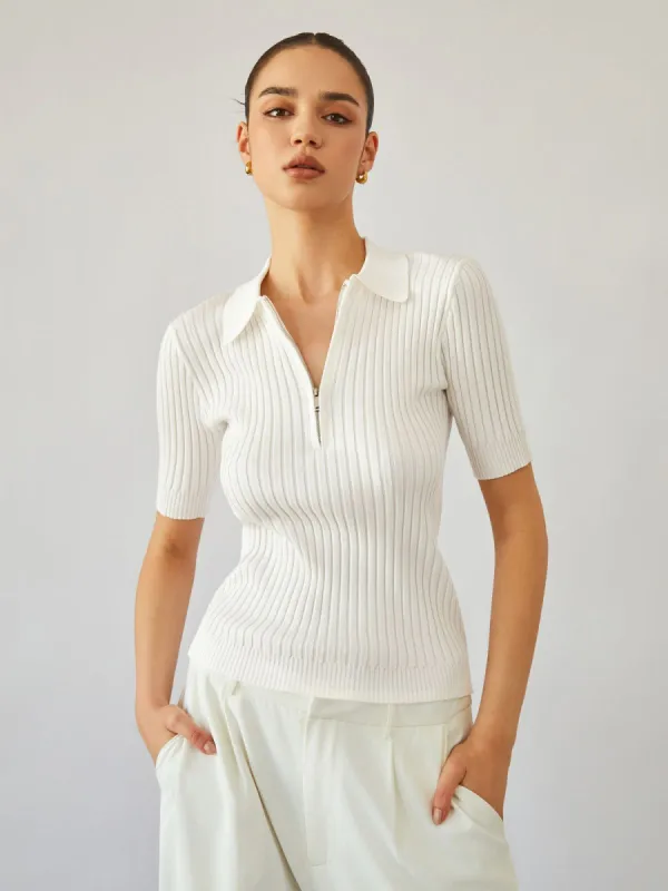 Zippered Polo Rib Knit Top sold by COMMENSE