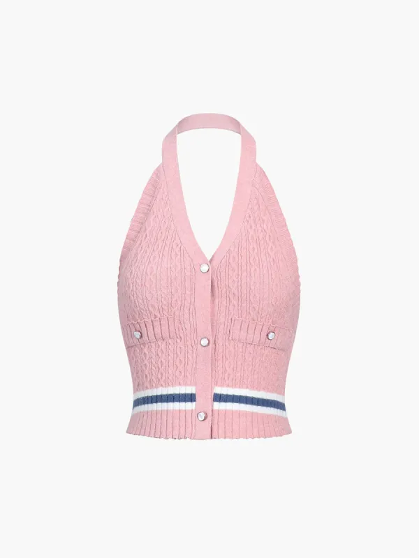 Cable Knit Halter Open Back Crop Top sold by COMMENSE
