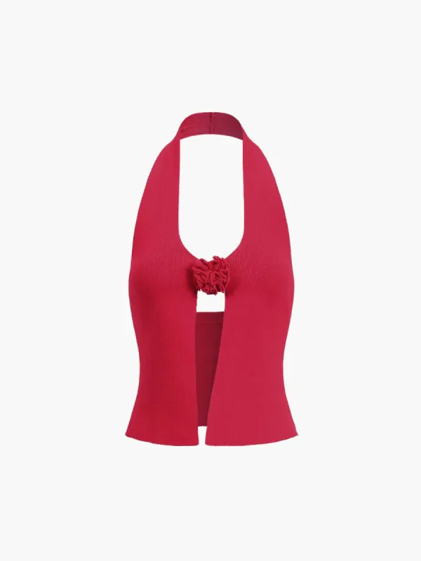 Rosette Halter Open Back Knit Top sold by COMMENSE
