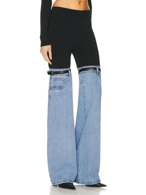 Belted Patchwork Denim Wide Leg Jeans sold by COMMENSE