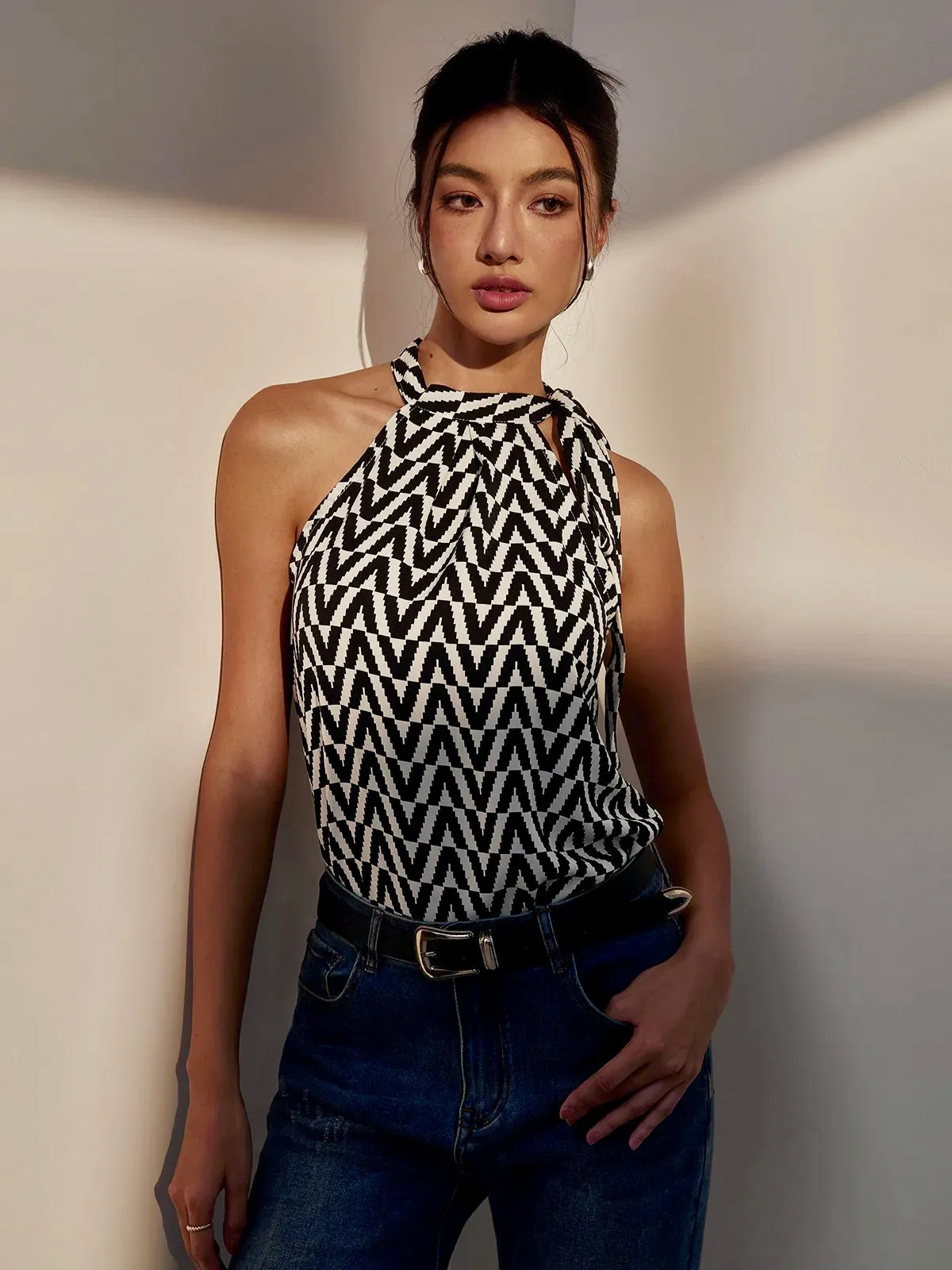 Chevron Print Tie Neck Knotted Blouse sold by COMMENSE