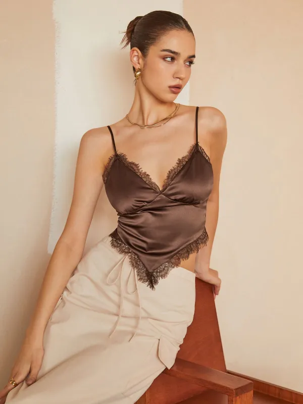 Cocoa Beans Lace Trim Satin Crop Cami Top sold by COMMENSE