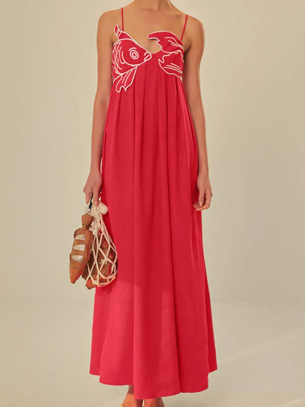 Embroidered Fish Spaghetti Strap Midi Dress sold by COMMENSE