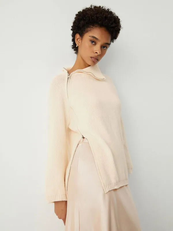 Asymmetric Zip Up Open Collar Sweater sold by COMMENSE