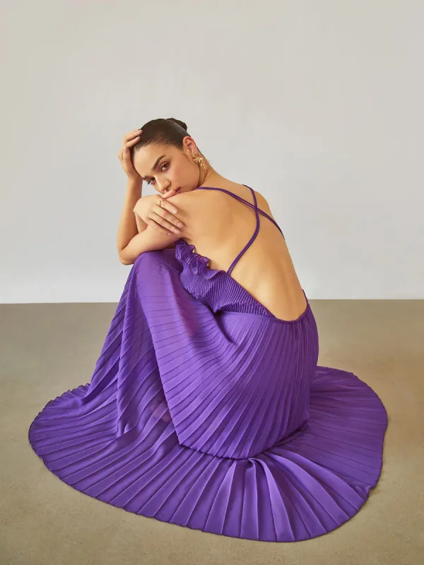 Lavender Plisse Open Back Long Dress sold by COMMENSE