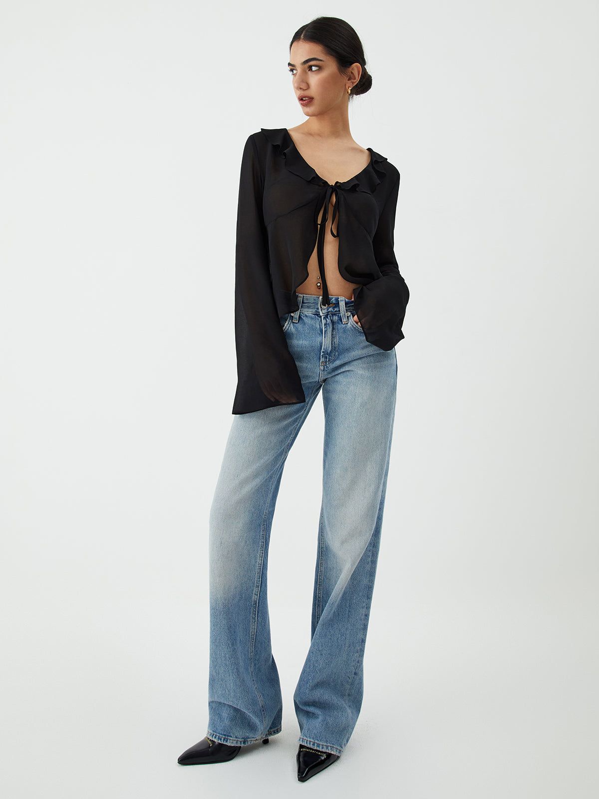 Ruffle Trim Flounce Sleeve Knot Front Blouse sold by COMMENSE product image thumbnail 2