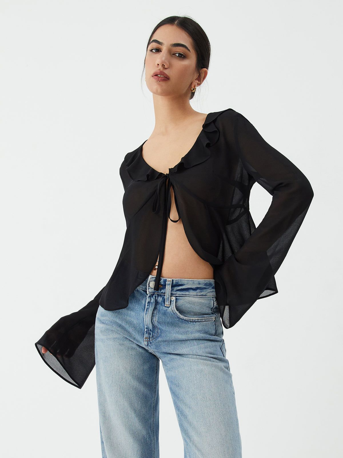 Ruffle Trim Flounce Sleeve Knot Front Blouse sold by COMMENSE product image thumbnail 3