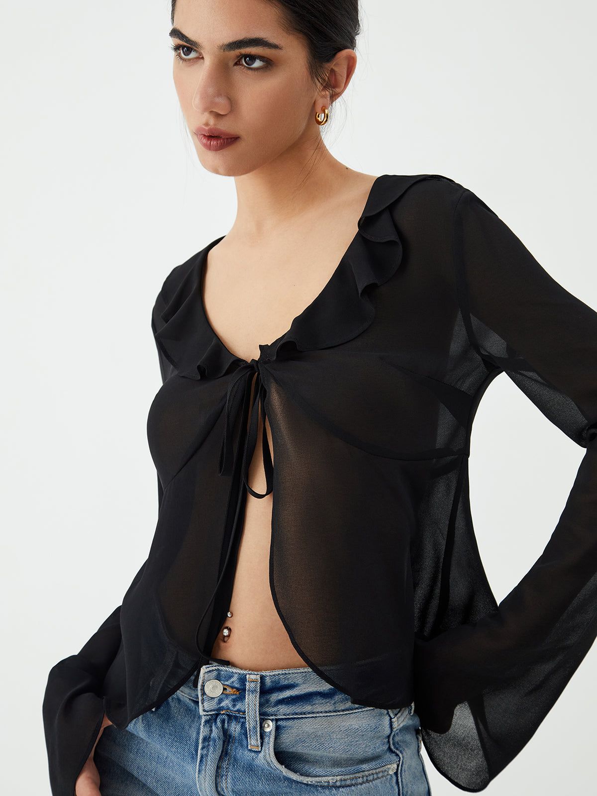 Ruffle Trim Flounce Sleeve Knot Front Blouse sold by COMMENSE product image thumbnail 4