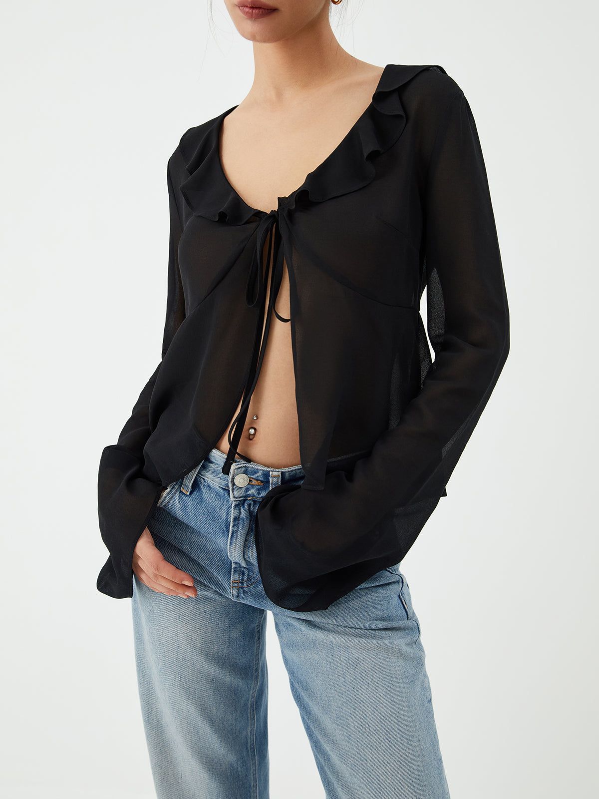 Ruffle Trim Flounce Sleeve Knot Front Blouse sold by COMMENSE