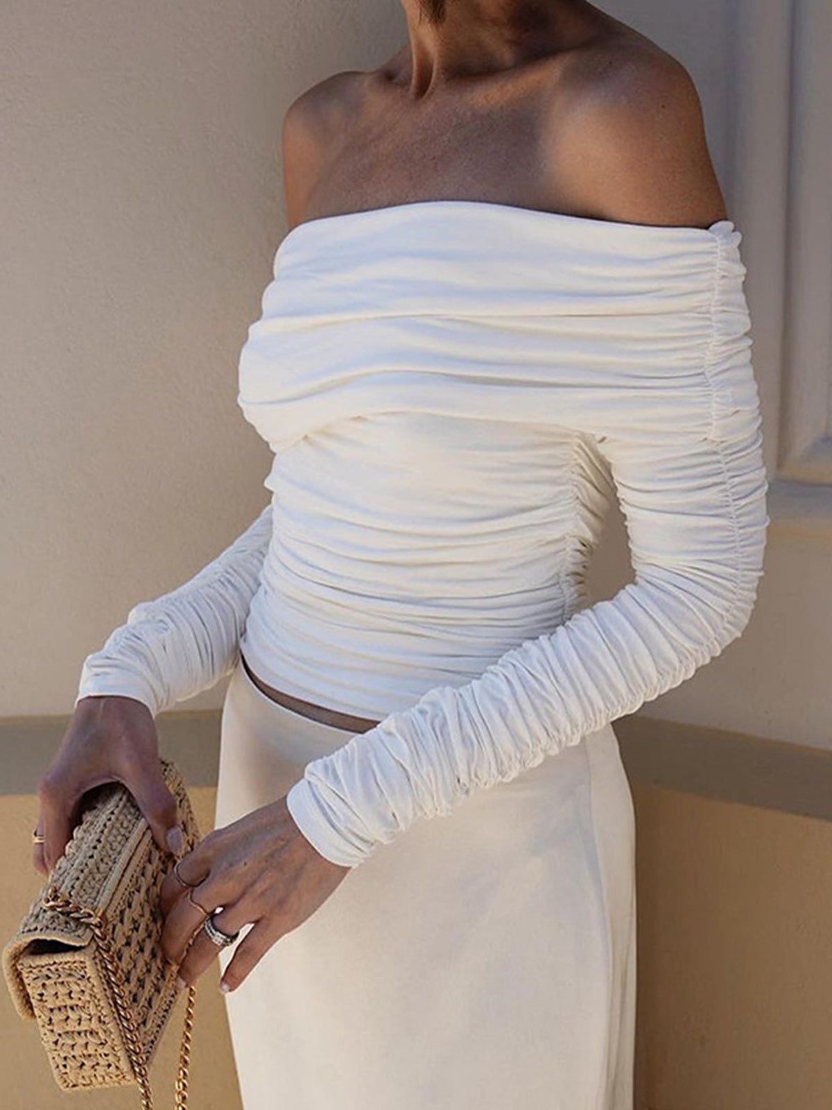 Solid Off-Shoulder Ruched Top sold by COMMENSE