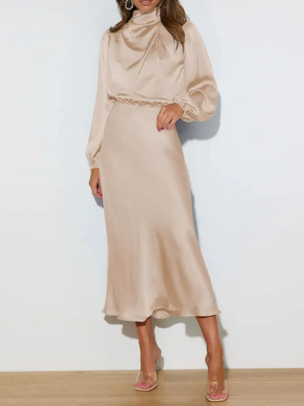 Effortless Mock Neck Satin Midi Dress sold by COMMENSE