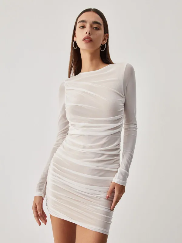 Ruched Mesh Long Sleeve Short Dress sold by COMMENSE