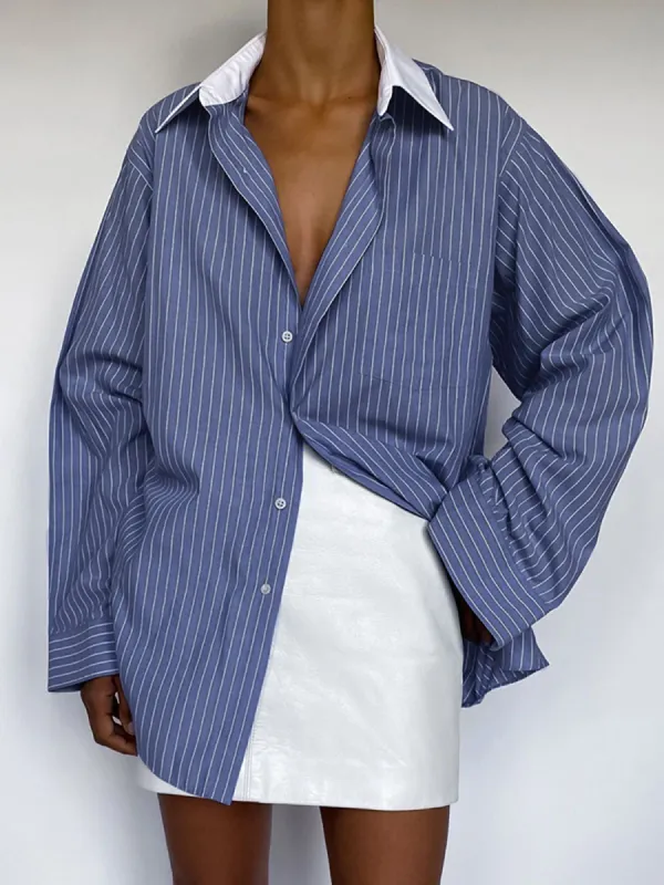 Color Block Collar Pinstripe Shirt sold by COMMENSE