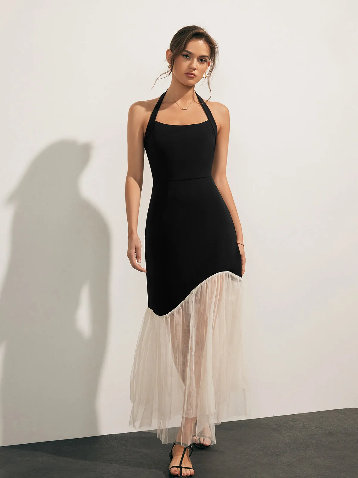Tulle-Hem Slim Halter Long Dress sold by COMMENSE product image thumbnail 3