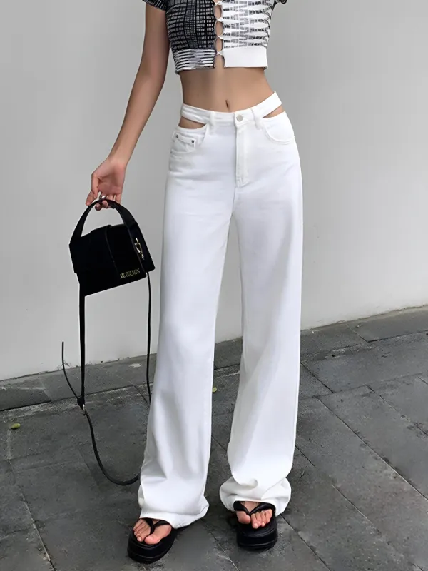 Cotton Plain Cutout Pockets Straight Leg Pants made by COMMENSE