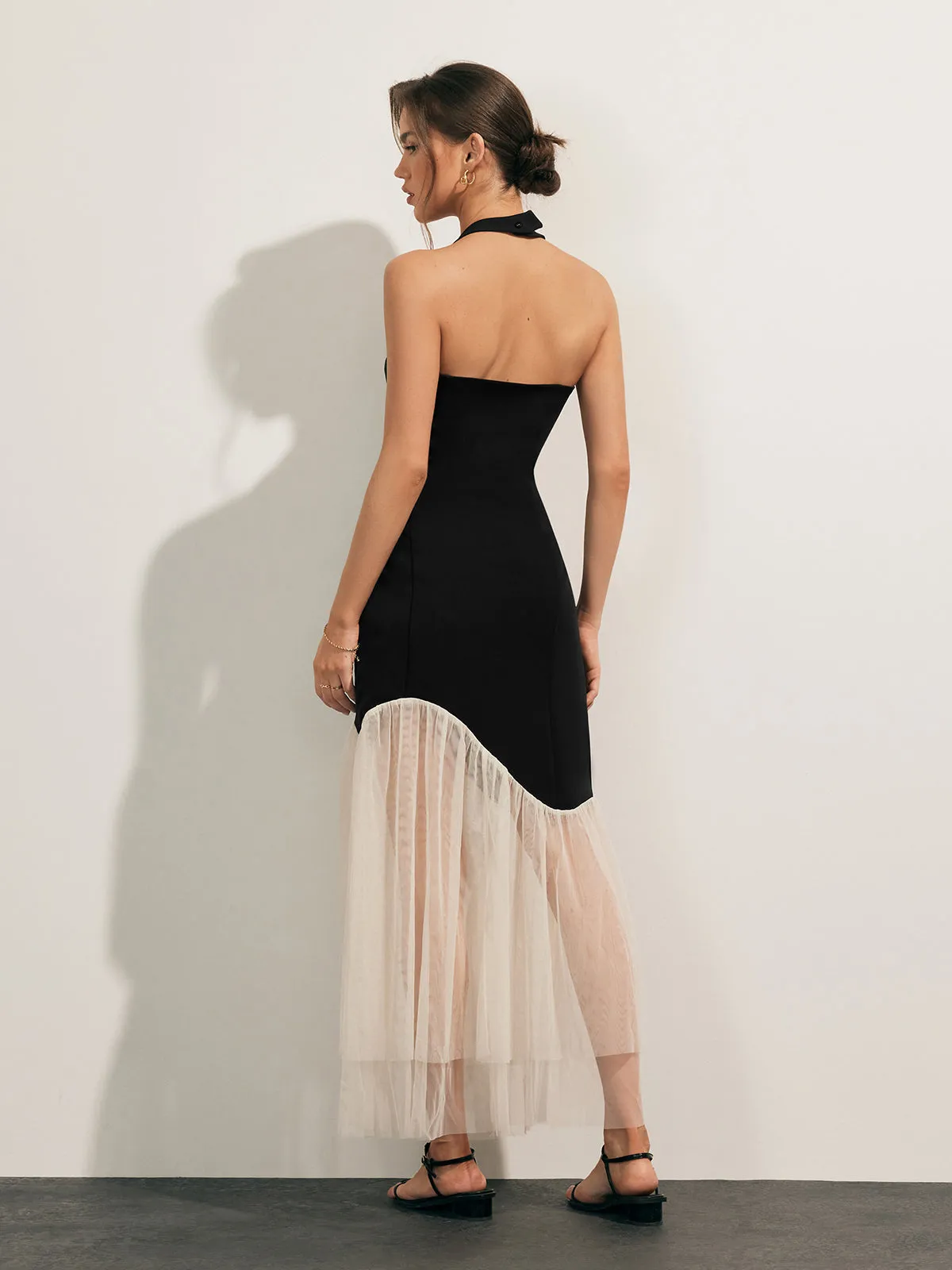 Tulle-Hem Slim Halter Long Dress sold by COMMENSE product image thumbnail 4