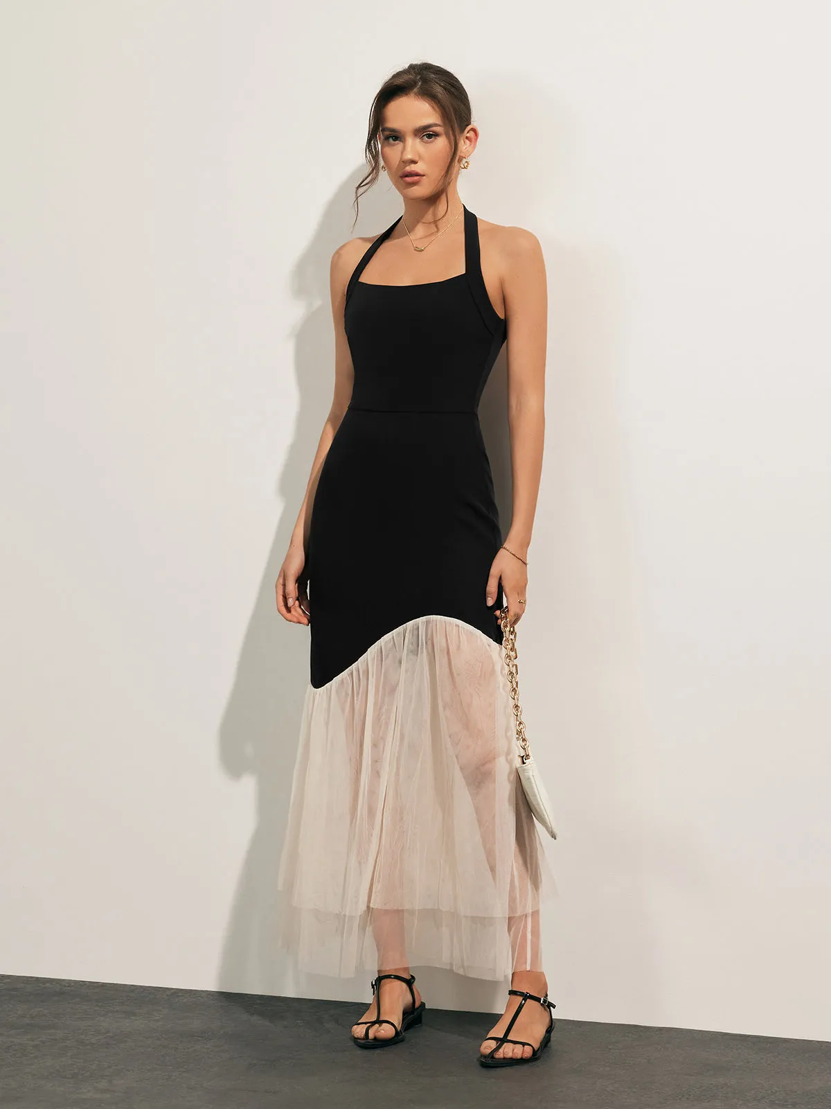 Tulle-Hem Slim Halter Long Dress sold by COMMENSE