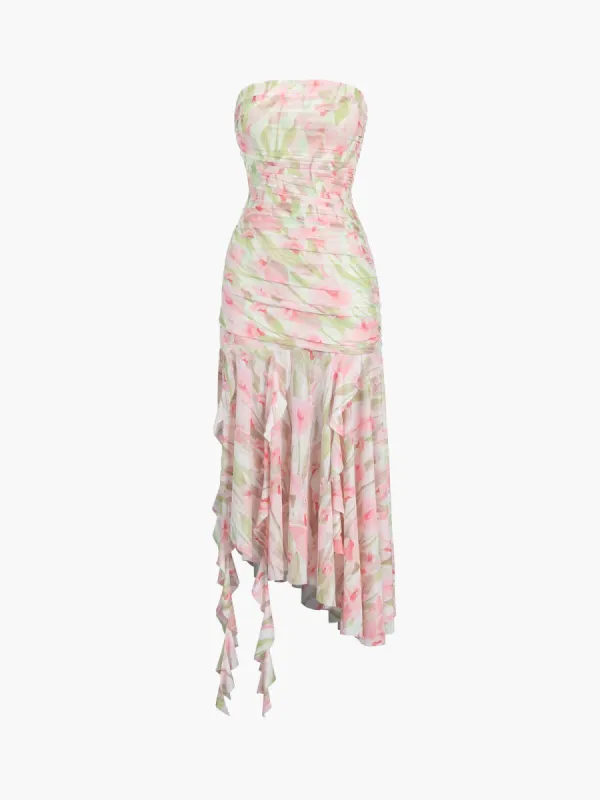 Cherry Blossom Floral Mesh Tube Midi Dress sold by COMMENSE