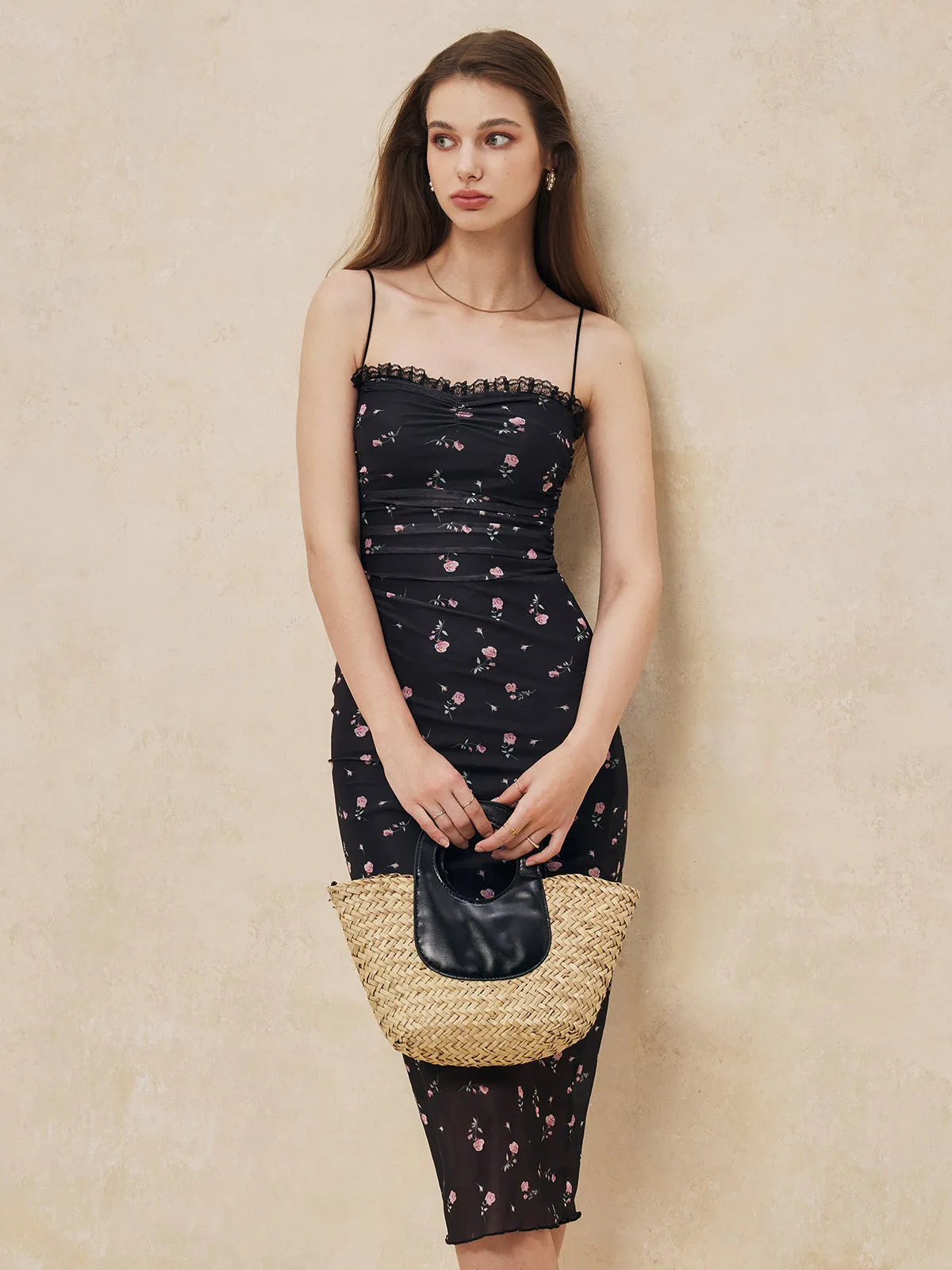 Floral Print Lettuce Trim Pleated Midi Dress sold by COMMENSE