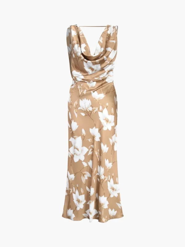 Camellia Floral Satin Cowl Neck Midi Dress sold by COMMENSE