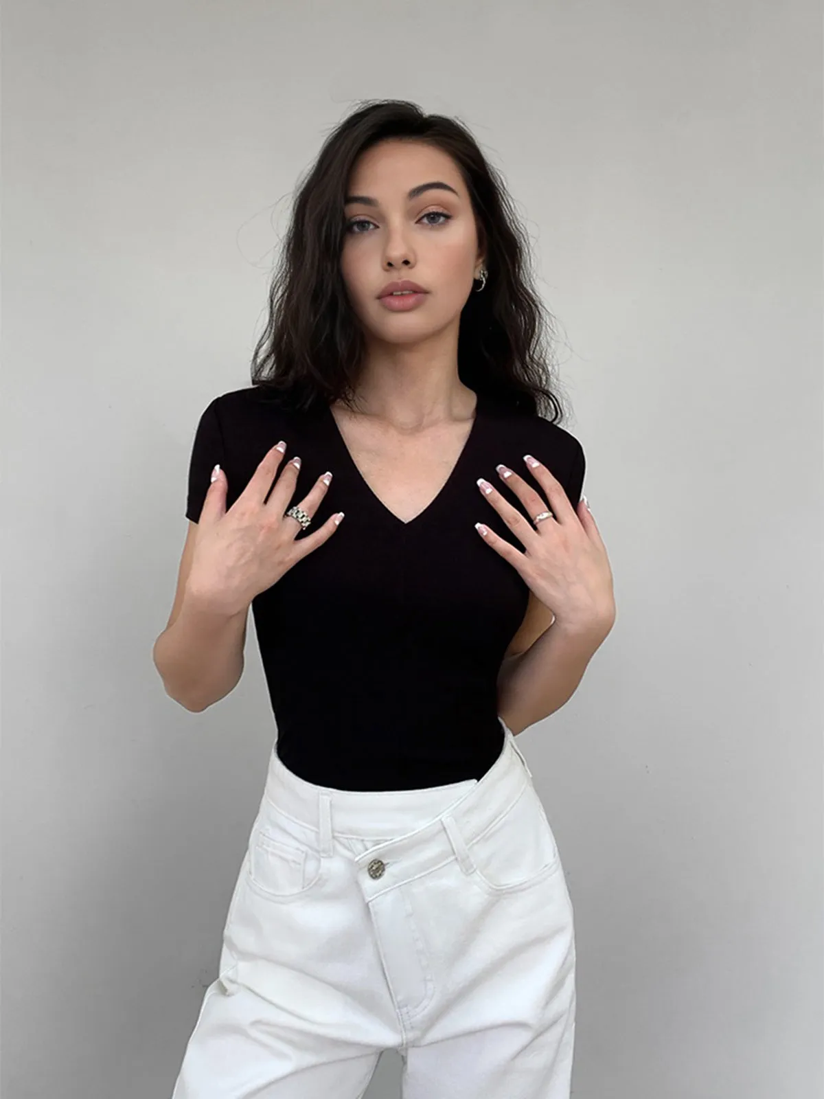 Solid V Neck Snug Short Sleeve Top sold by COMMENSE product image thumbnail 4