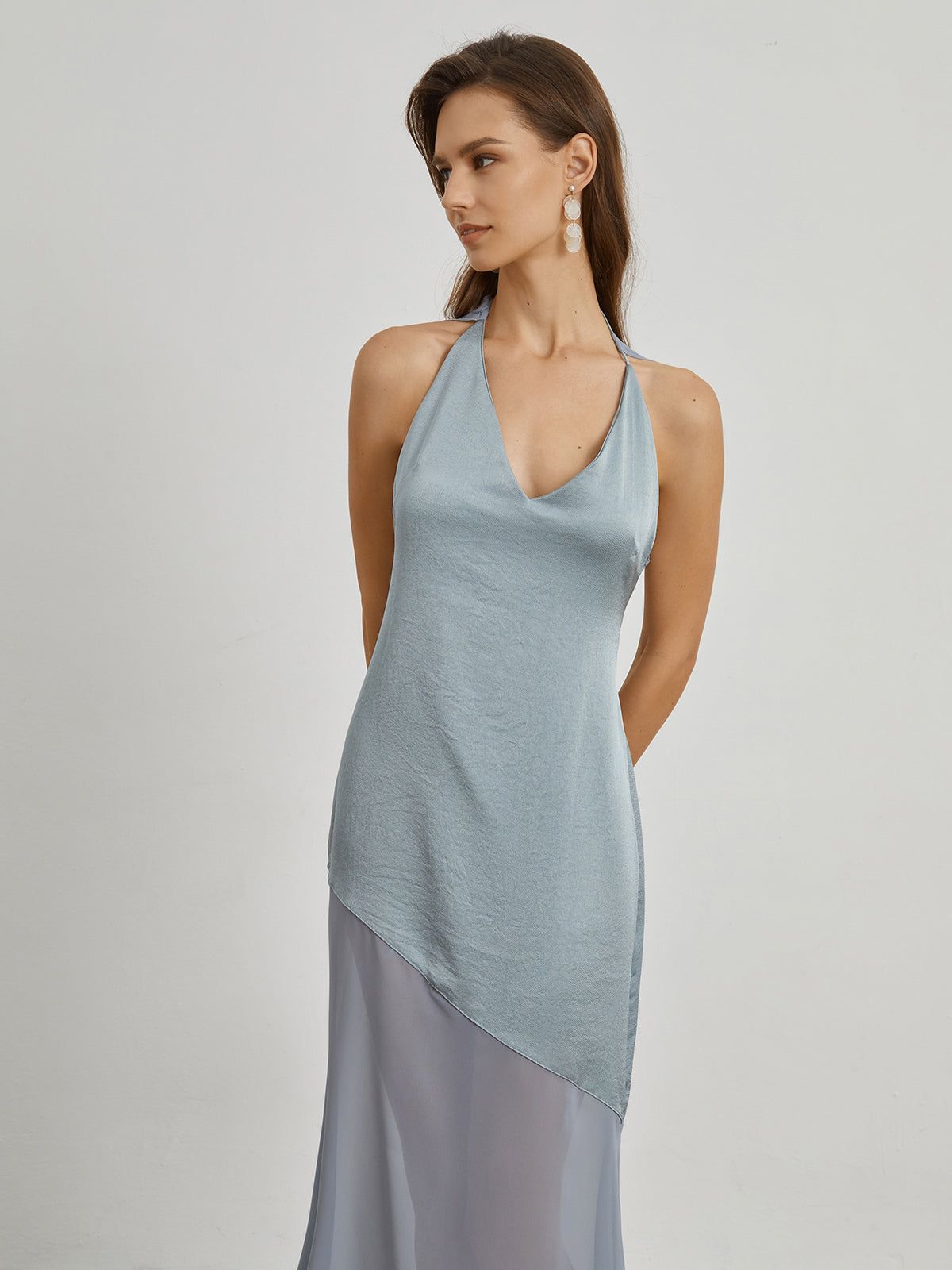 Open Back Satin Mesh Long Dress sold by COMMENSE product image thumbnail 5