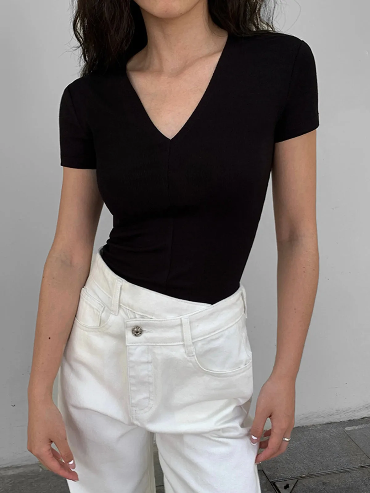 Solid V Neck Snug Short Sleeve Top sold by COMMENSE product image thumbnail 2