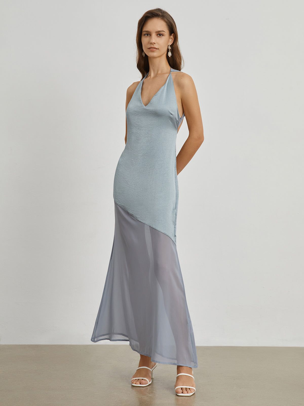 Open Back Satin Mesh Long Dress sold by COMMENSE product image thumbnail 3