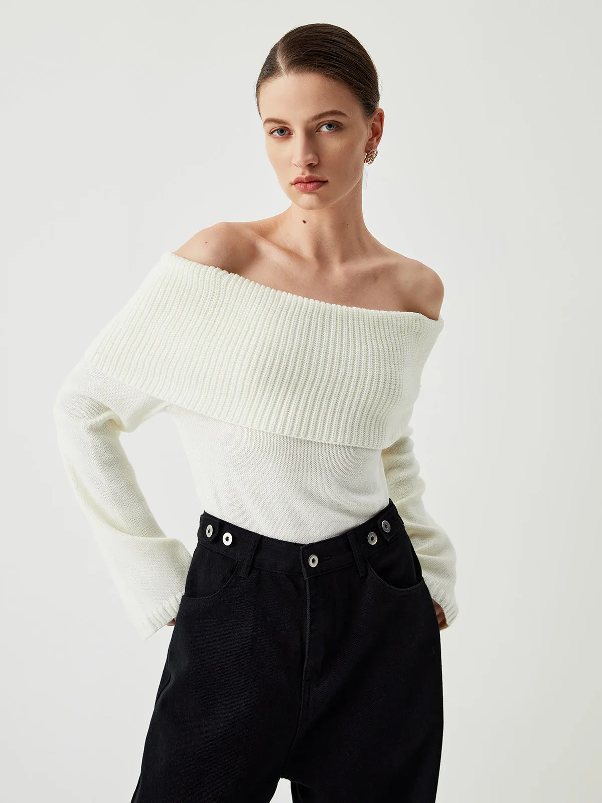 Knit Ribbed Overfold Off-Shoulder Sweater sold by COMMENSE