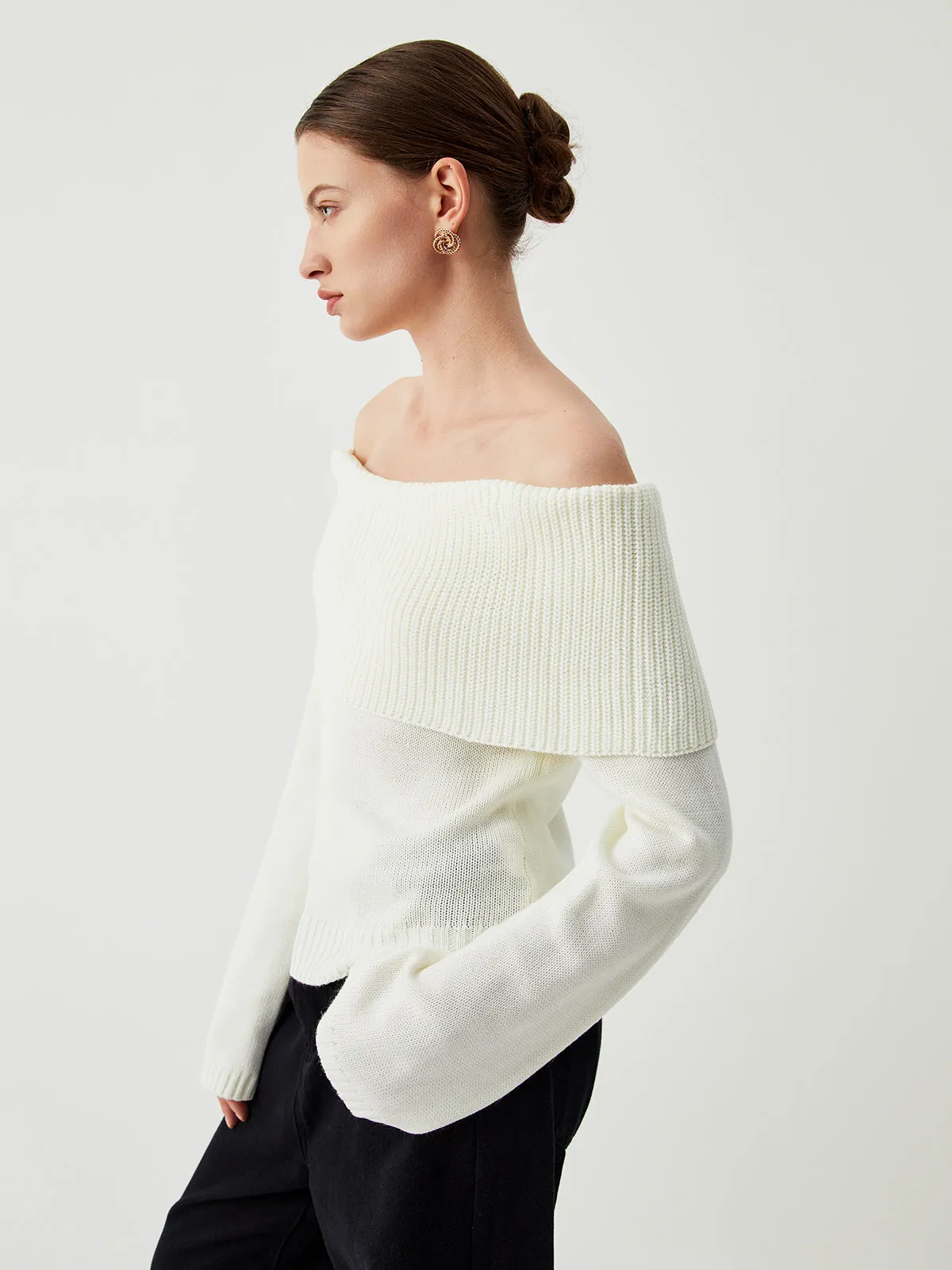 Knit Ribbed Overfold Off-Shoulder Sweater sold by COMMENSE product image thumbnail 5