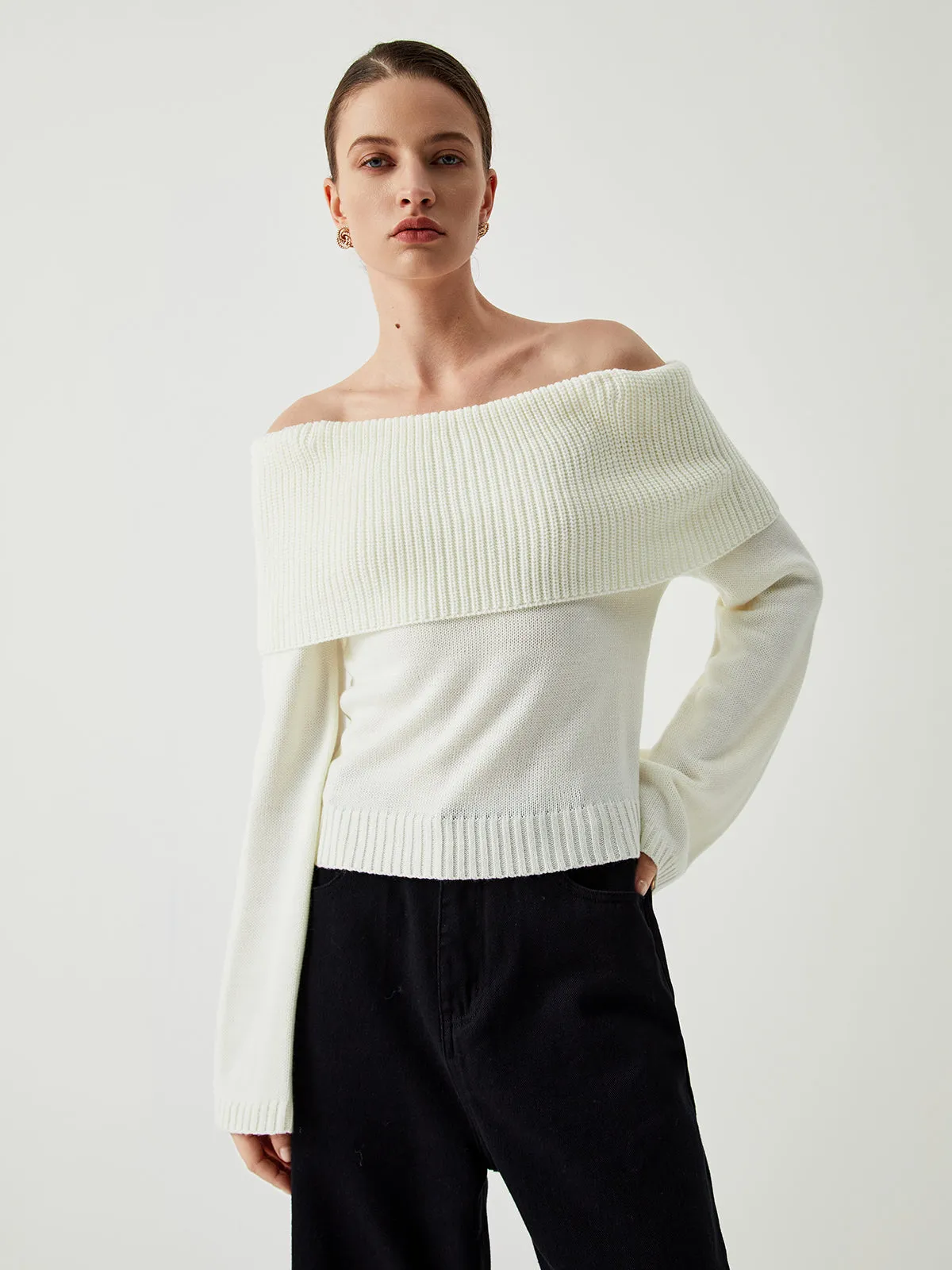 Knit Ribbed Overfold Off-Shoulder Sweater sold by COMMENSE product image thumbnail 3