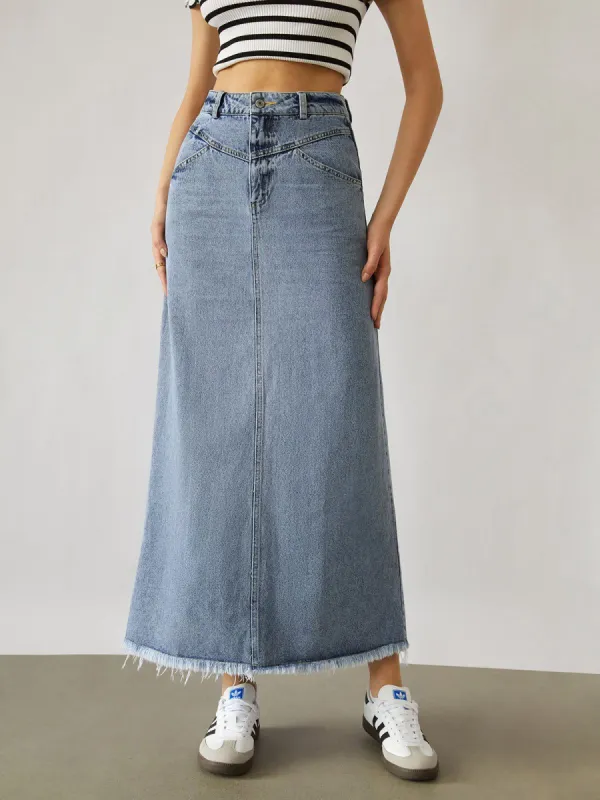 Denim Raw Hem Maxi Skirt sold by COMMENSE