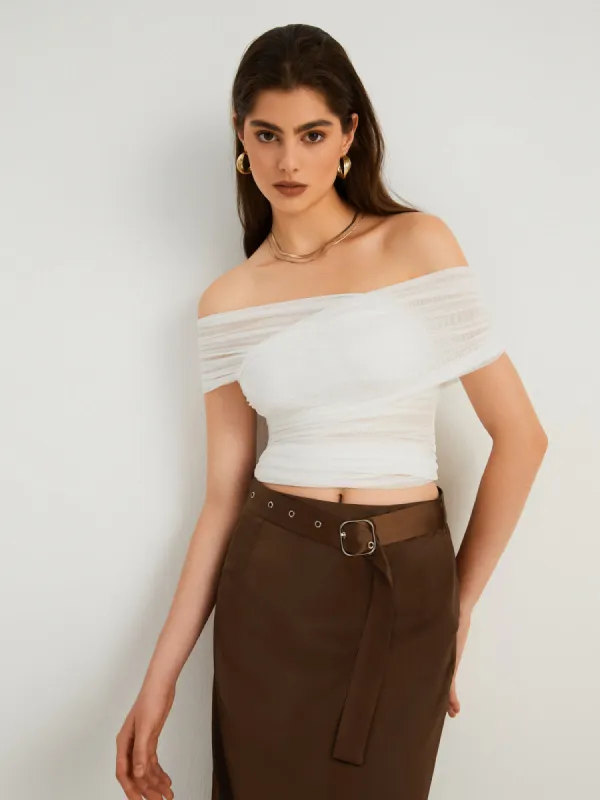 Criss Cross Off Shoulder Mesh Top made by COMMENSE