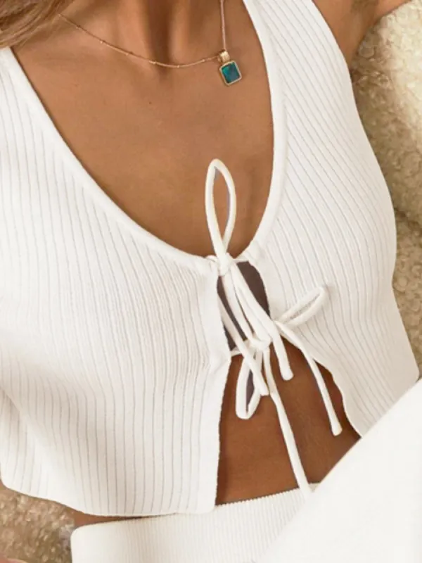 Fly Away Tied Rib Crop Tank Top sold by COMMENSE