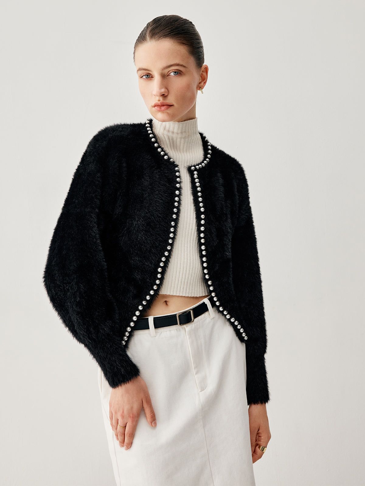 Contrast Trim Fuzzy Pearl Cardigan sold by COMMENSE