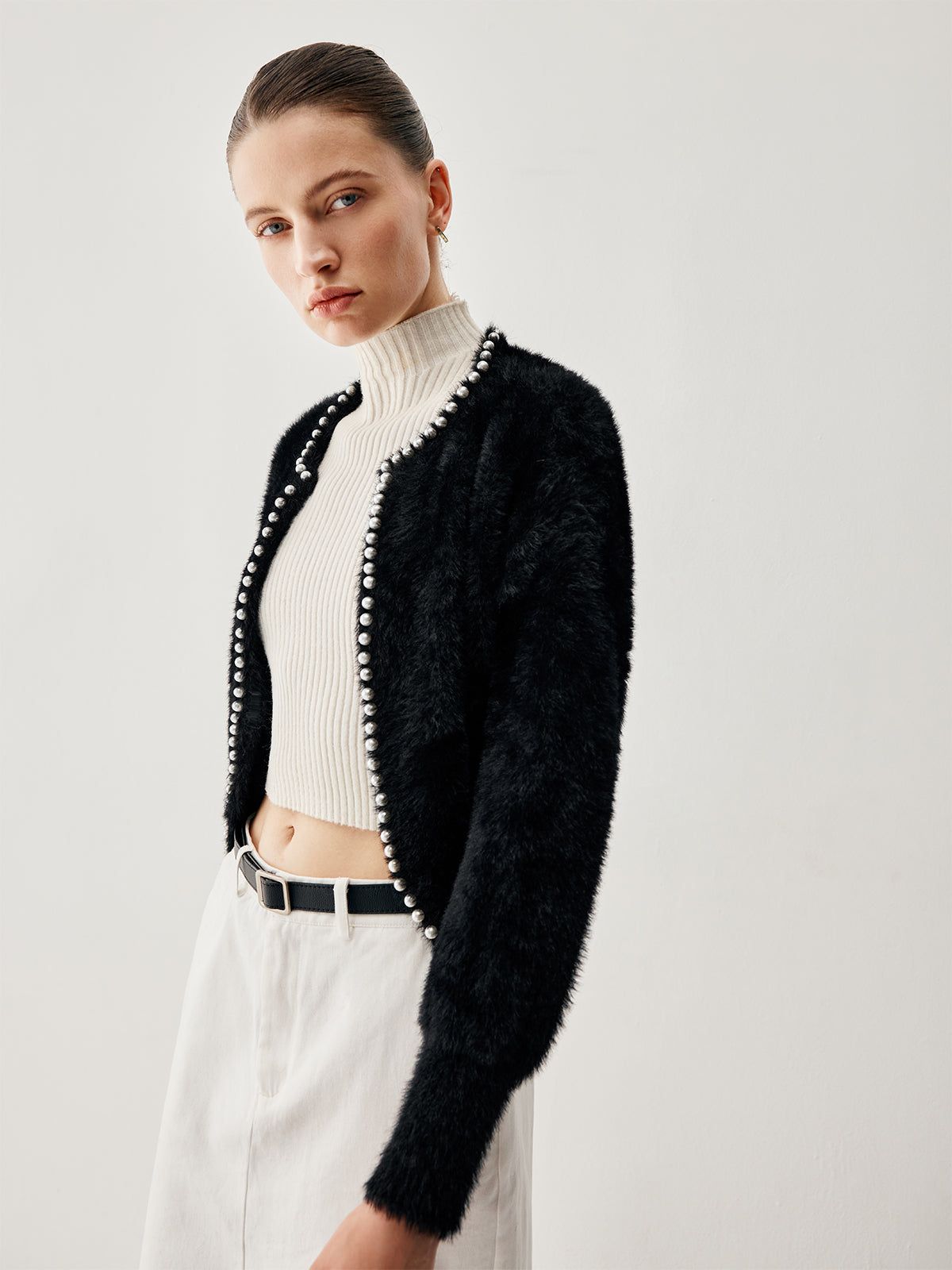 Contrast Trim Fuzzy Pearl Cardigan sold by COMMENSE product image thumbnail 5