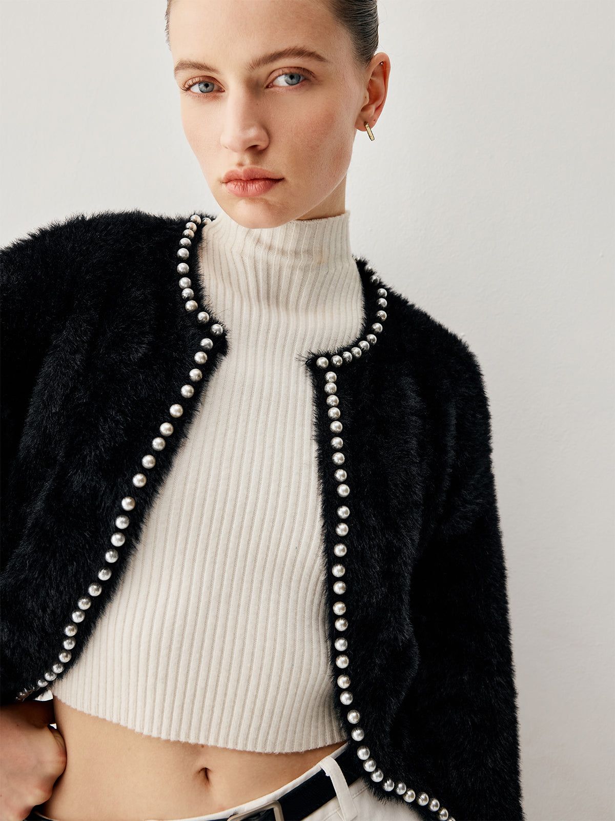 Contrast Trim Fuzzy Pearl Cardigan sold by COMMENSE product image thumbnail 2
