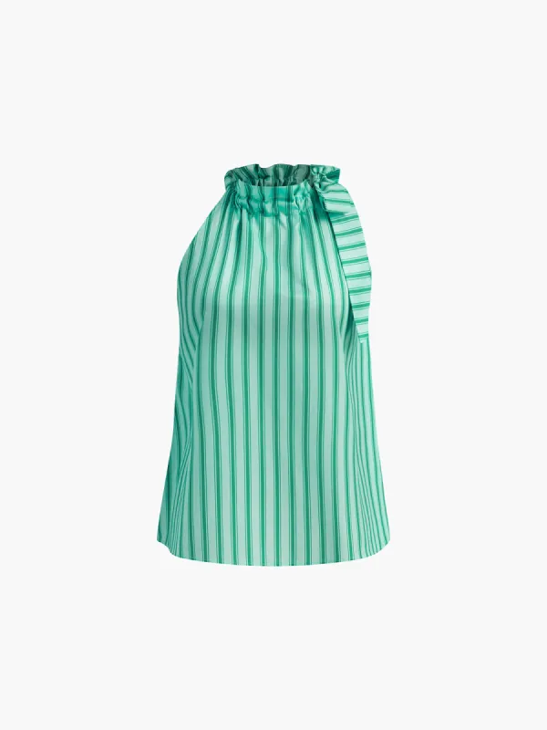 Stripe Mock Neck Bow Ruffle Top sold by COMMENSE