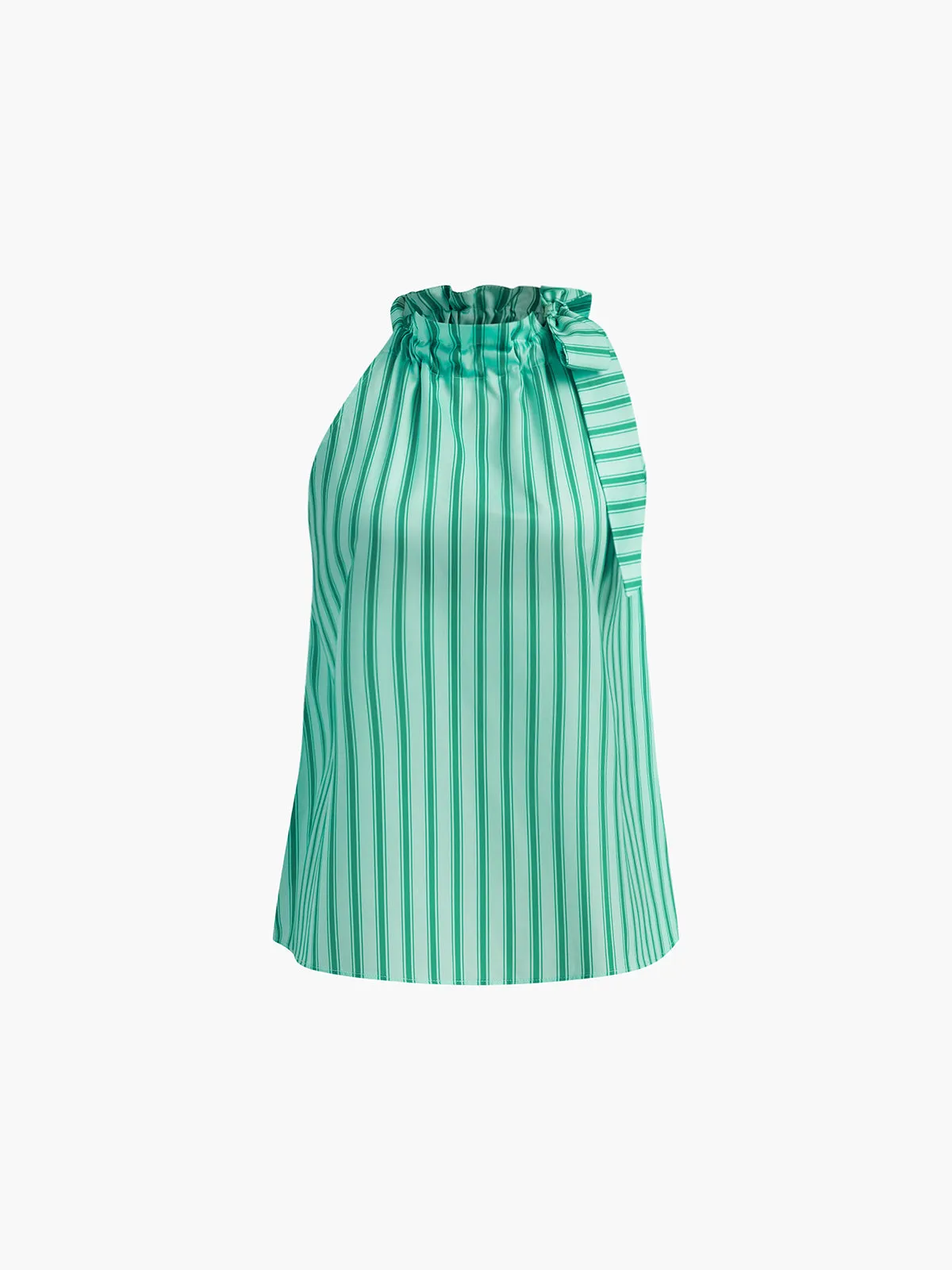 Stripe Mock Neck Bow Ruffle Top sold by COMMENSE