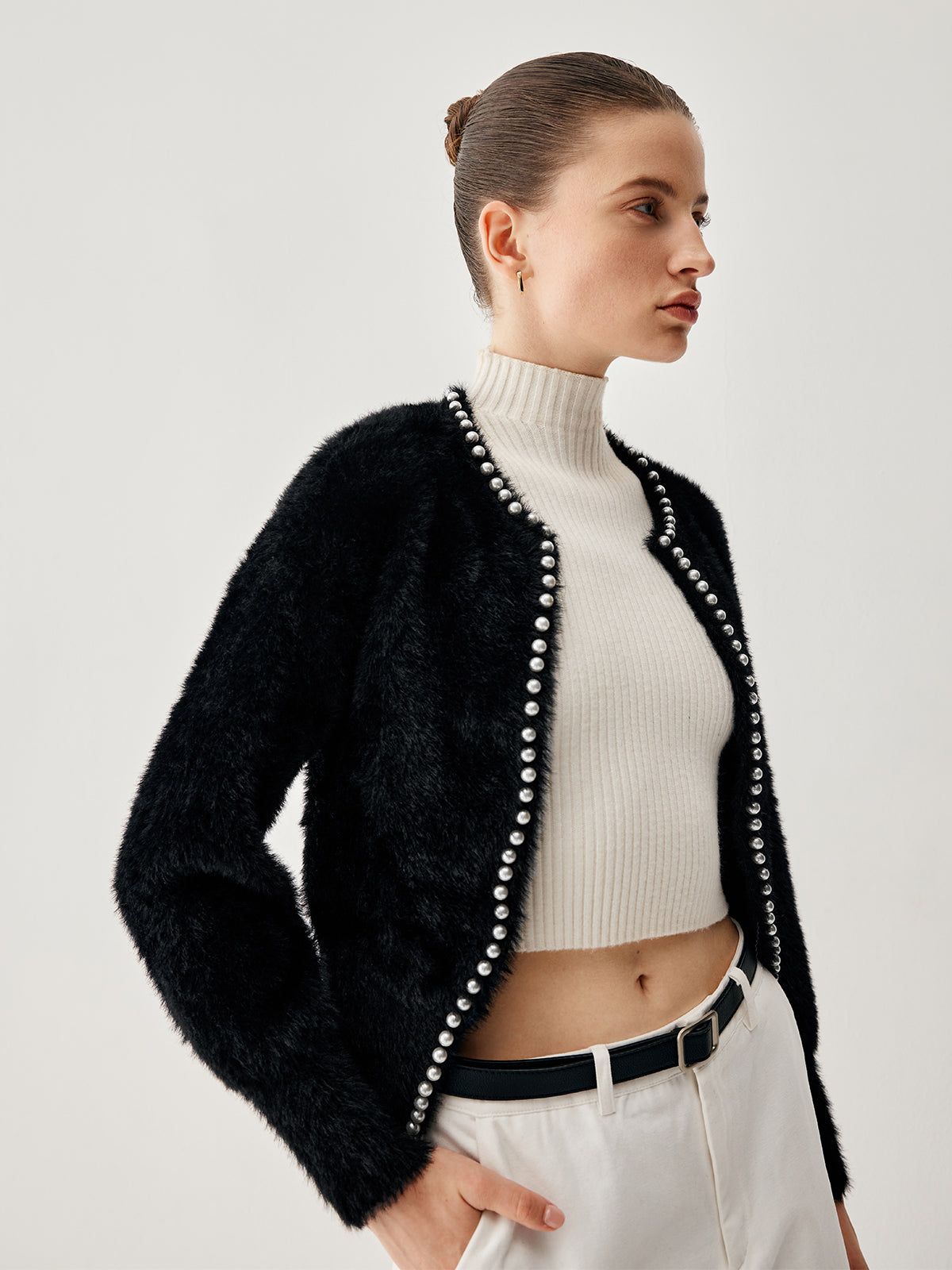 Contrast Trim Fuzzy Pearl Cardigan sold by COMMENSE product image thumbnail 3