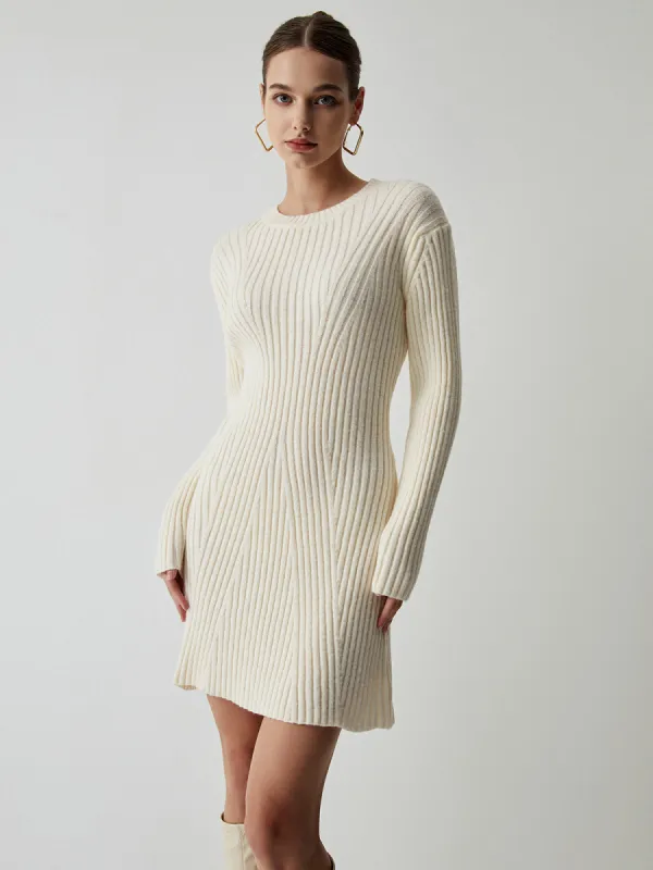 Cream Rib Long Sleeve Short Sweater Dress sold by COMMENSE